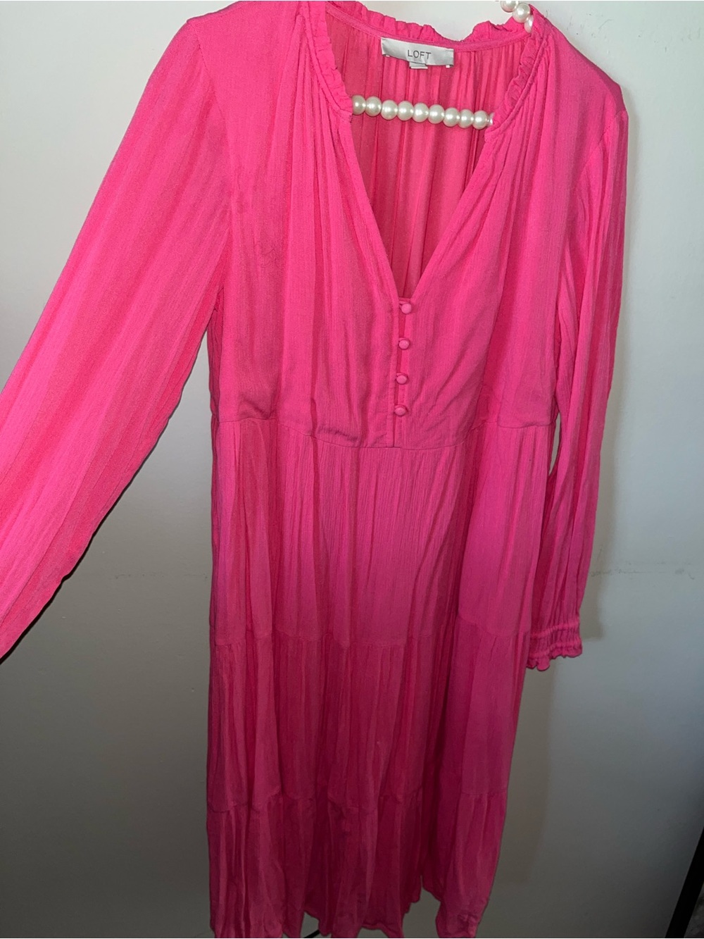 LOFT Pink Button Front Tiered Midi Dress Small